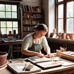 **

A bright and airy workshop filled with artisans crafting handmade books. Focus on the details: hands working with leather, colorful threads, antique tools, and natural light streaming through windows. The overall mood is creative, inspiring, and full of activity.

**