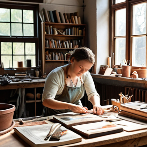 Home 4 **
A bright and airy workshop filled with artisans crafting handmade books. Focus on the details: hands working with leather, colorful threads, antique tools, and natural light streaming through windows. The overall mood is creative, inspiring, and full of activity.
**