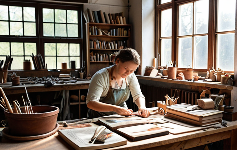 **
A bright and airy workshop filled with artisans crafting handmade books. Focus on the details: hands working with leather, colorful threads, antique tools, and natural light streaming through windows. The overall mood is creative, inspiring, and full of activity.
**