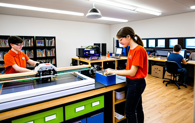 A vibrant, modern makerspace library bustling with activity, showcasing individuals of diverse ages (children, teenagers, and adults) engaged in various creative and technical projects. In the foreground, a person operates a 3D printer, while another works on a laser cutter. In the background, someone is programming a simple robot at an electronics station. All subjects are fully clothed in appropriate, professional, and modest attire. The environment is well-lit and organized, emphasizing innovation and hands-on learning. The image should convey a sense of excitement and discovery. Perfect anatomy, correct proportions, natural poses, well-formed hands, proper finger count, natural body proportions, professional photography, high quality, safe for work, appropriate content, family-friendly.