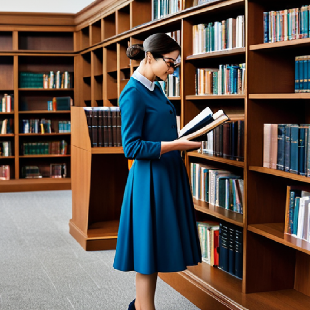 ** "A librarian in a modest, professional dress, assisting a young woman in a modern, well-lit library filled with bookshelves. Fully clothed, safe for work, appropriate content, professional setting, perfect anatomy, correct proportions, natural pose, family-friendly." **