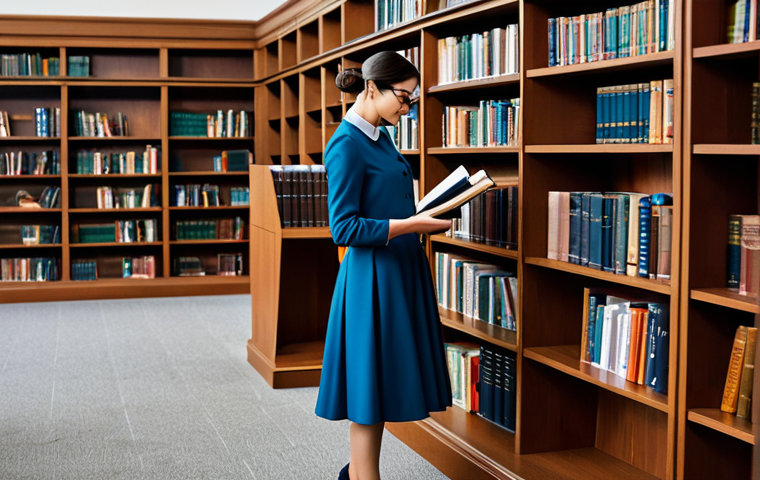 ** "A librarian in a modest, professional dress, assisting a young woman in a modern, well-lit library filled with bookshelves. Fully clothed, safe for work, appropriate content, professional setting, perfect anatomy, correct proportions, natural pose, family-friendly." **