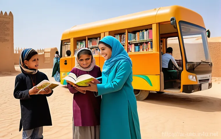 이동식 도서관 운영법 - **"Joyful Village Mobile Library"**: A brightly lit, vibrant scene of a colorful mobile library bus,...