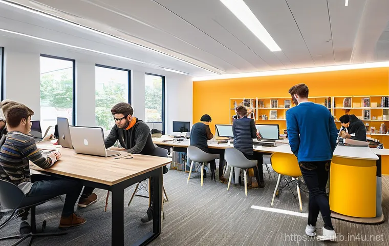 공공 도서관 혁신 사례 - "A bright, spacious, and ultra-modern library interior, bustling with diverse individuals. In the fo...