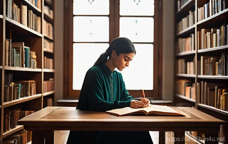 디자인 서적 전문 도서관 - **Prompt 1: The Solitary Seeker in a Specialized Library** "A serene, medium shot of a focused y...