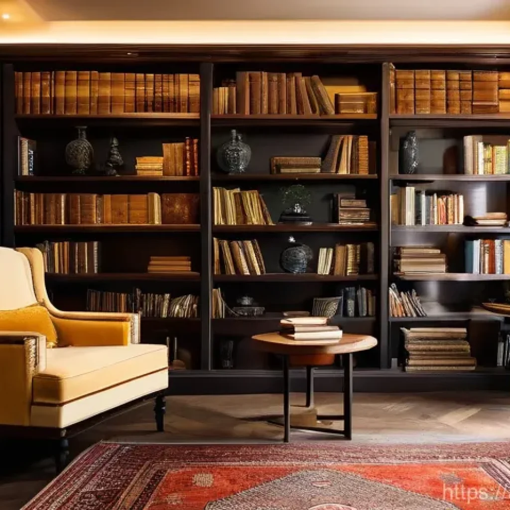 북카페형 도서관 인테리어 - "An inviting and warm interior of a caf&eacute;-style library. Soft, golden ambient lighting fills the spac...