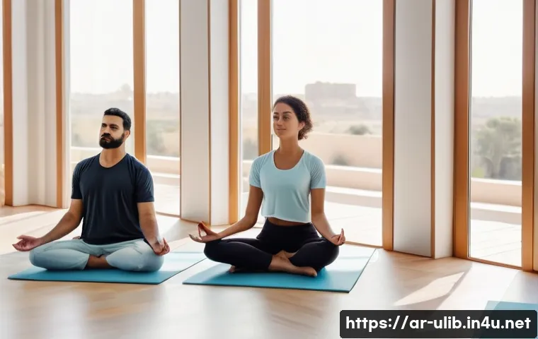 요가 명상 도서관 - **Prompt: Inner Peace Amidst Modernity in an Arabic Setting** A serene and inviting image of a d...