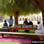 캠핑형 도서관 운영 아이디어 - A vibrant outdoor mobile library event in a peaceful public garden in an Arab city, featuring divers...