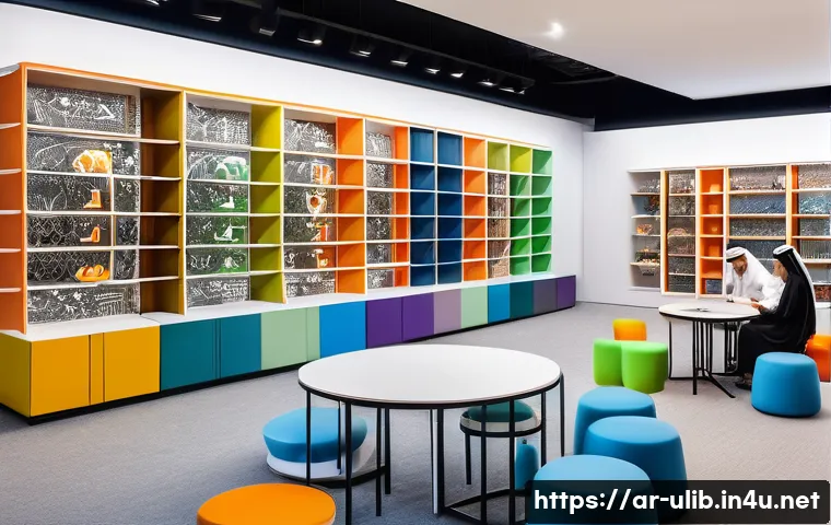 3D 프린터 보유 도서관 - A modern public library interior in an Arabic cultural context, featuring diverse students and creat...