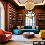 이색도서관 사업 계획서 작성법 - A modern Arabic library interior designed with cozy, quiet reading corners featuring plush armchairs...