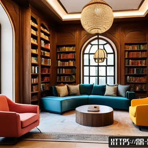이색도서관 사업 계획서 작성법 - A modern Arabic library interior designed with cozy, quiet reading corners featuring plush armchairs...