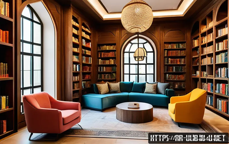 이색도서관 사업 계획서 작성법 - A modern Arabic library interior designed with cozy, quiet reading corners featuring plush armchairs...