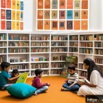 공유 서재 개념 도서관 - A vibrant modern community library in an Arab city, featuring diverse young adults and families enga...