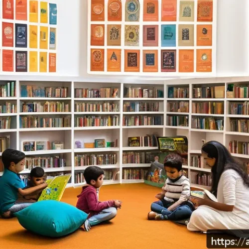 공유 서재 개념 도서관 - A vibrant modern community library in an Arab city, featuring diverse young adults and families enga...