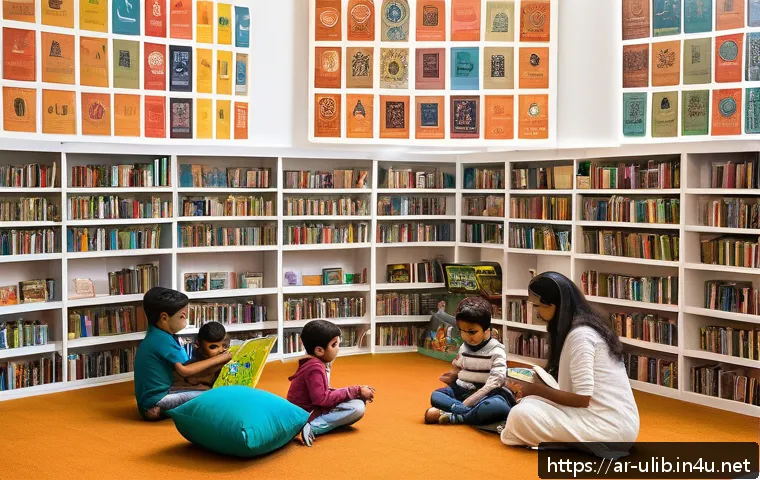공유 서재 개념 도서관 - A vibrant modern community library in an Arab city, featuring diverse young adults and families enga...