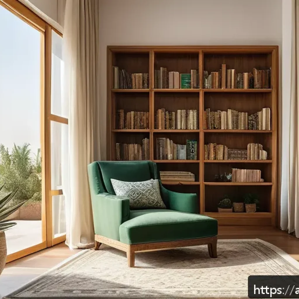 자유열람실 디자인 가이드 - A cozy Arabic-style reading room bathed in warm natural sunlight streaming through large traditional...