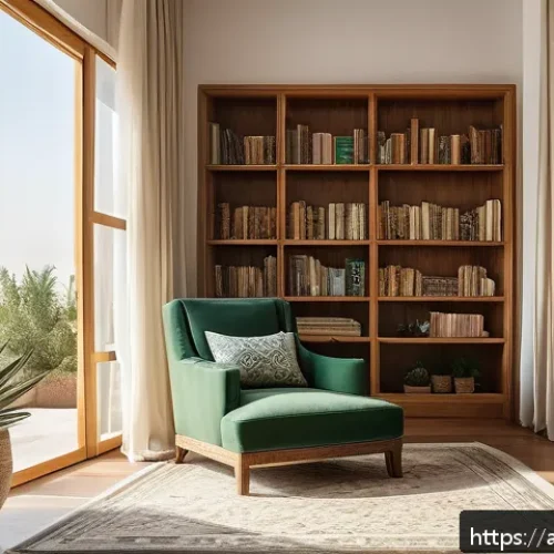 자유열람실 디자인 가이드 - A cozy Arabic-style reading room bathed in warm natural sunlight streaming through large traditional...