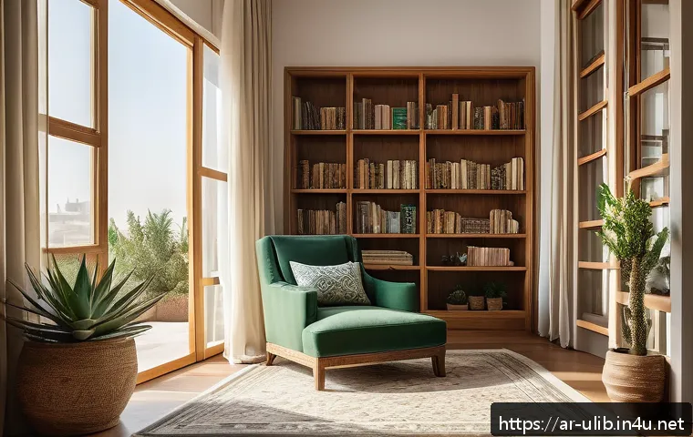 자유열람실 디자인 가이드 - A cozy Arabic-style reading room bathed in warm natural sunlight streaming through large traditional...