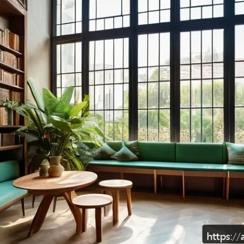 비건 카페형 도서관 - A cozy botanical library caf&eacute; interior in an Arabic cultural setting, featuring tall wooden bookshel...