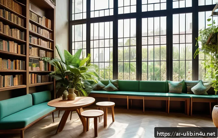 비건 카페형 도서관 - A cozy botanical library caf&eacute; interior in an Arabic cultural setting, featuring tall wooden bookshel...
